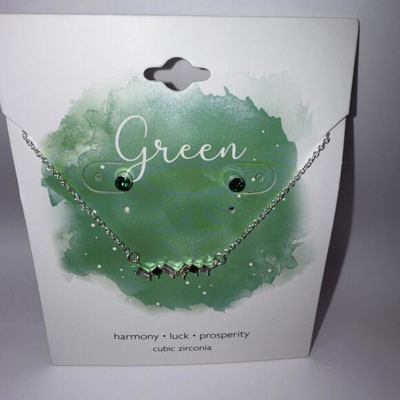 Green Blue CZ Necklace Earring Bundle Confidence Luck Prosperity Loyalty Success - Picture 3 of 4